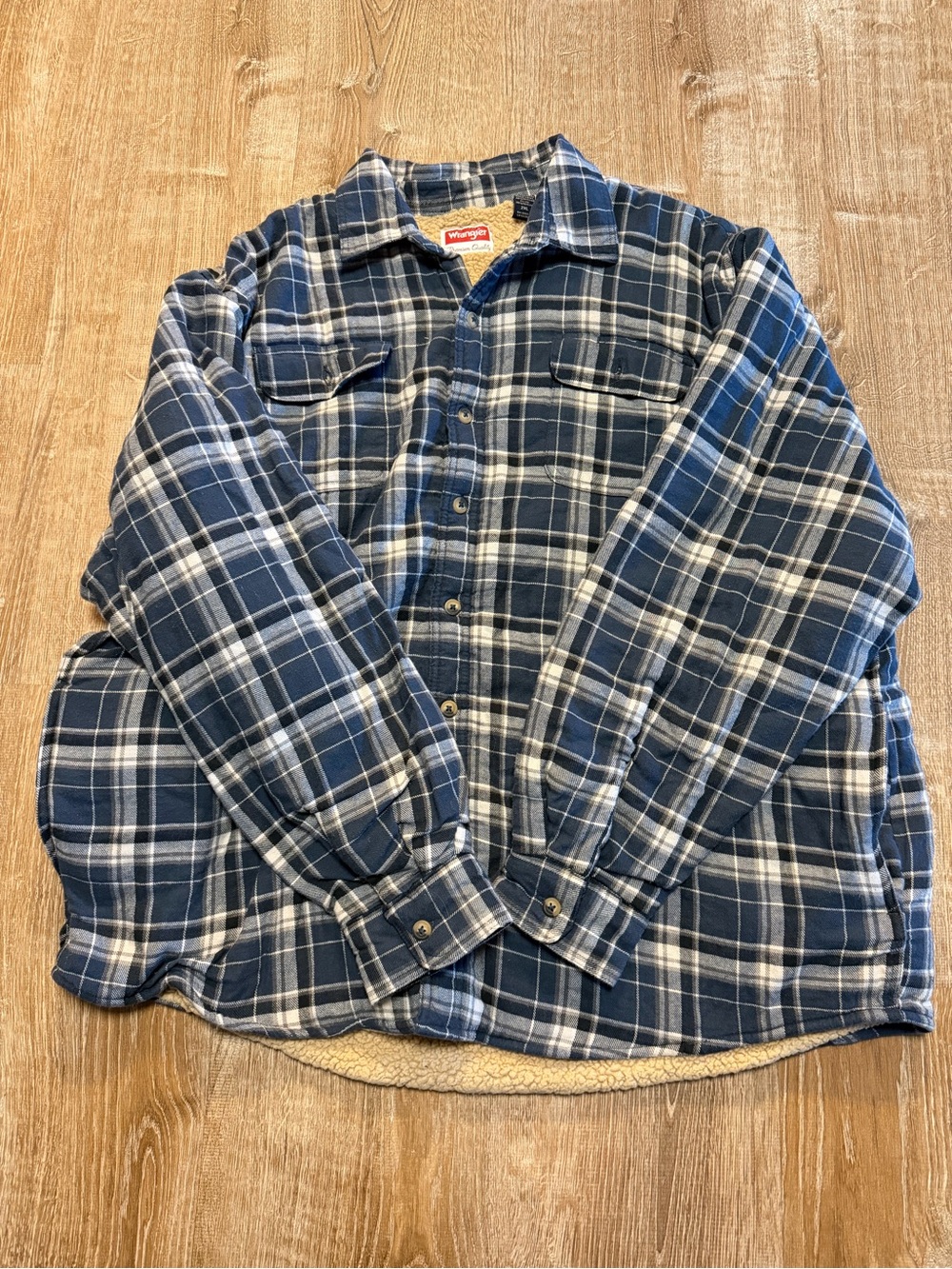 Wrangler Men’s 2XL Sherpa Lined Flannel Shirt Jacket Navy Blue Plaid Workwear